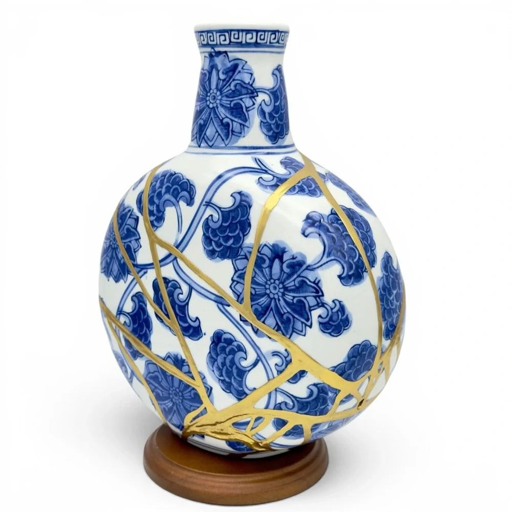Kintsugi Vase Chinese Porcelain Moon Flask Gold Crack Art Personal Growth Gift - Picture 10 of 14